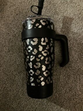 Black and Silver Leopard Stainless Travel Mug with Handle